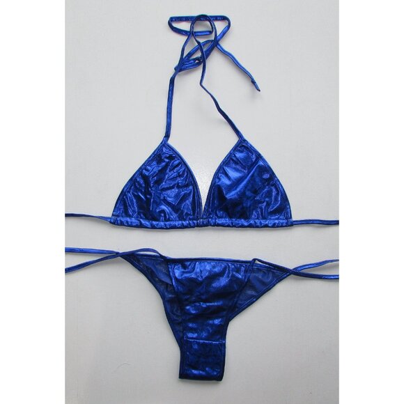 Blue Metallic String Scrunch Butt Cheeky Bikini - NEW - Picture 1 of 6